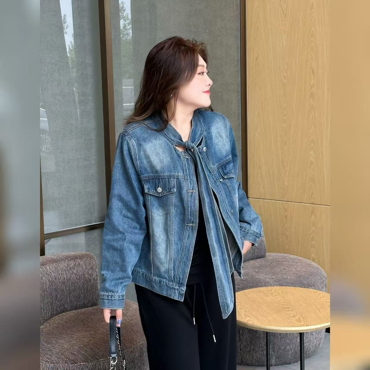 【涵胖胖】清  2025年秋季新款大码女装飘带长袖牛仔外套YC308