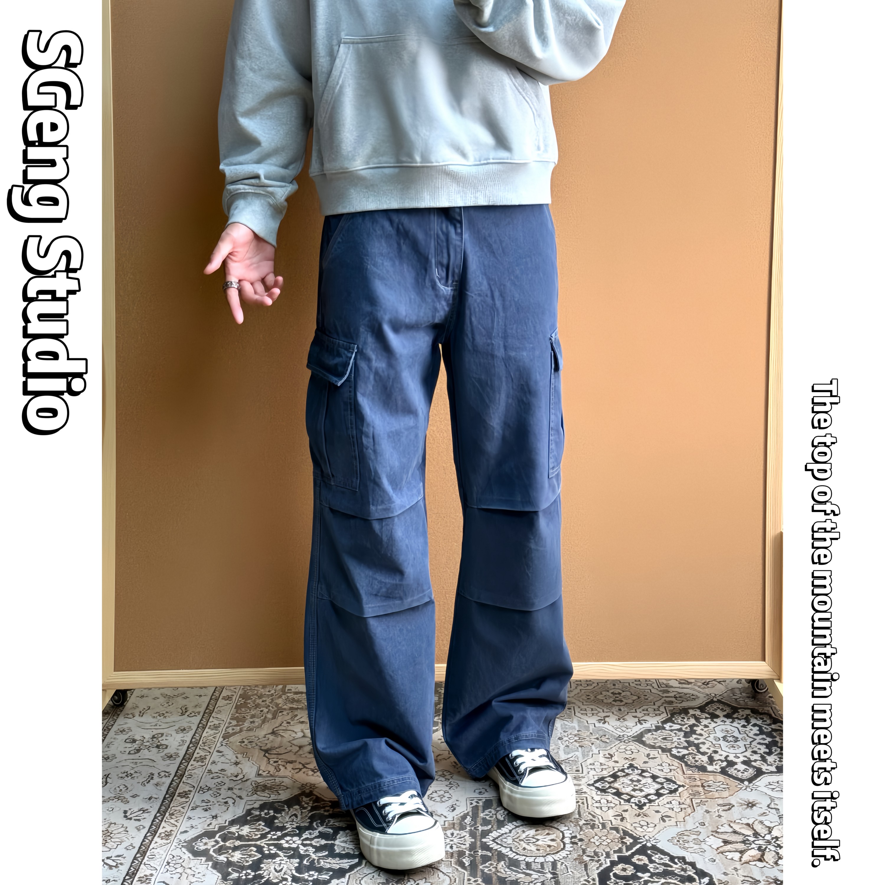 SGeng.优雅法工蓝NewVintage重水洗做旧宽松工装裤褶皱工装裤男款