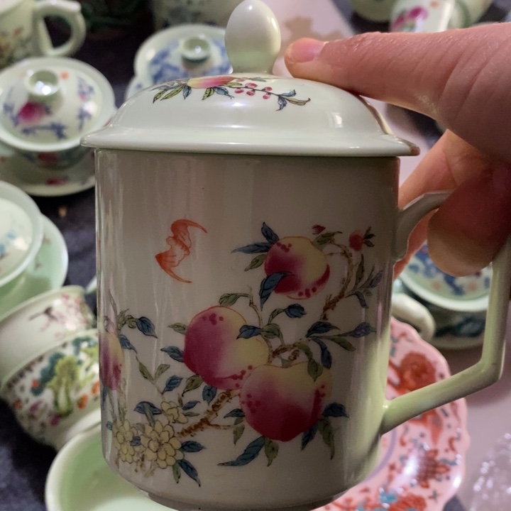 摆件陶绿稀土寿桃直筒办公杯