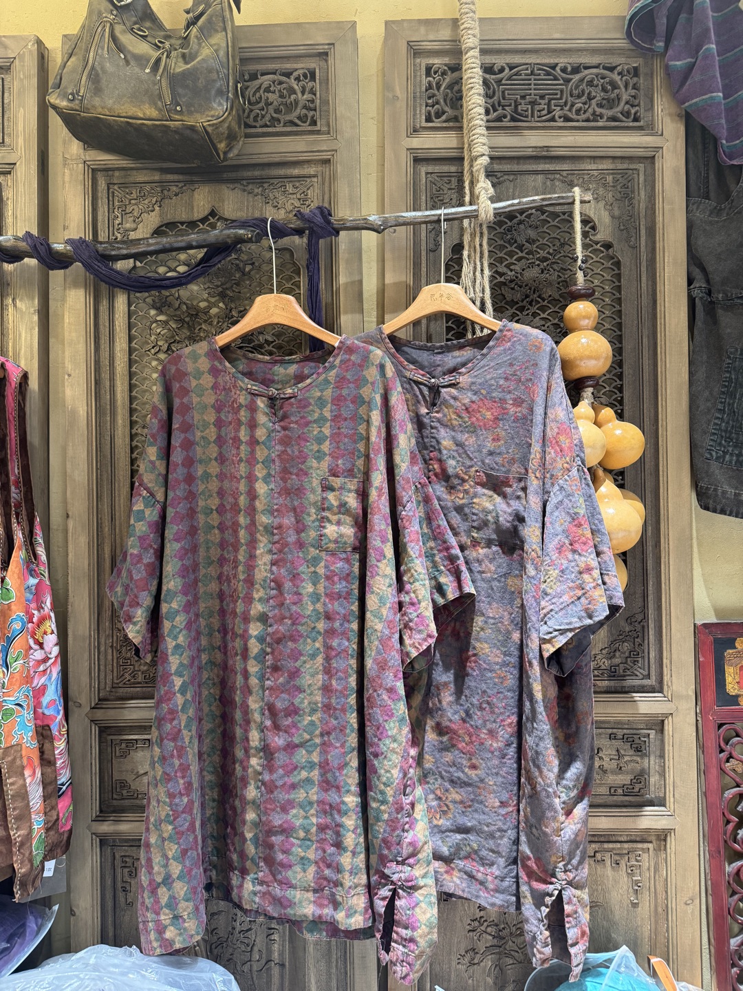 夏季新款复古炒色做旧一粒盘扣印花长袍【衣长98胸围174】