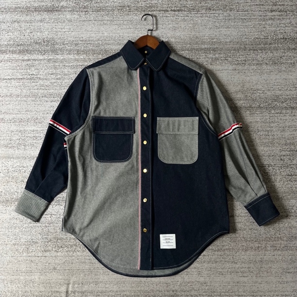 99新 THOMBROWNE 拼色牛仔长袖衬衣外套/42码#3058