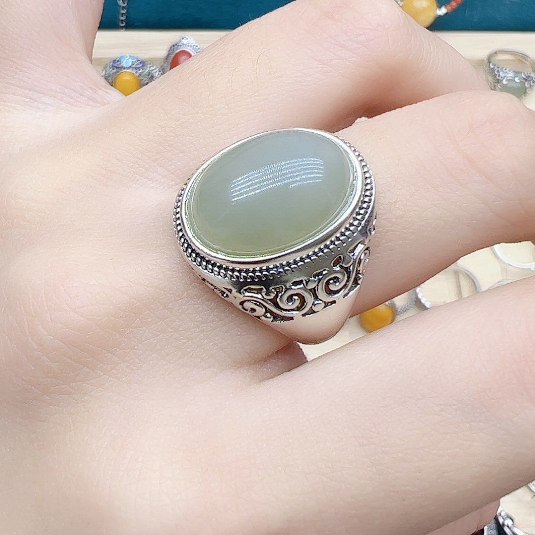 和田玉戒指银S925镶嵌