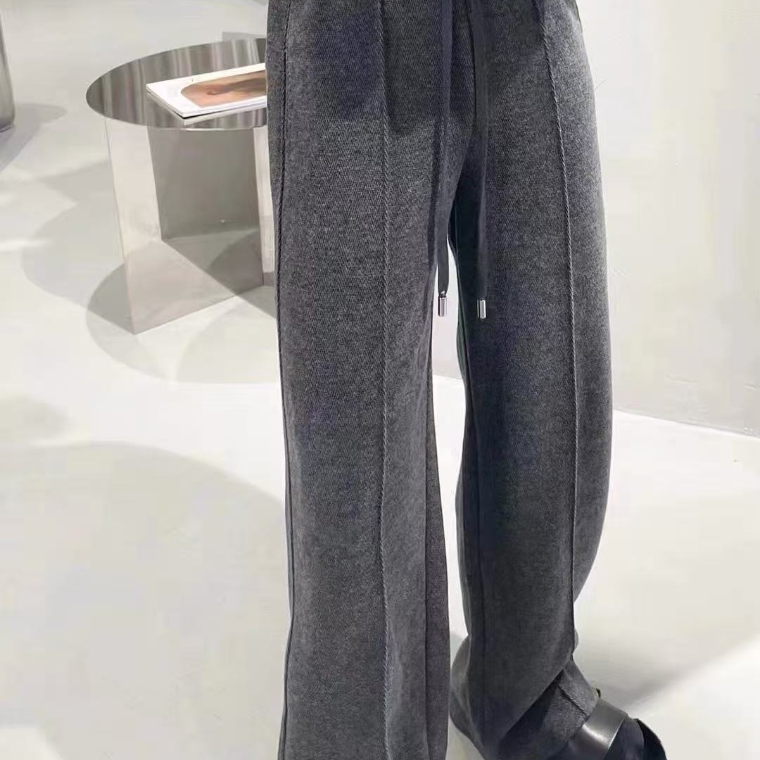 【T—8842】秋冬加绒加厚高腰抽绳显瘦窄版阔腿羊毛休闲裤