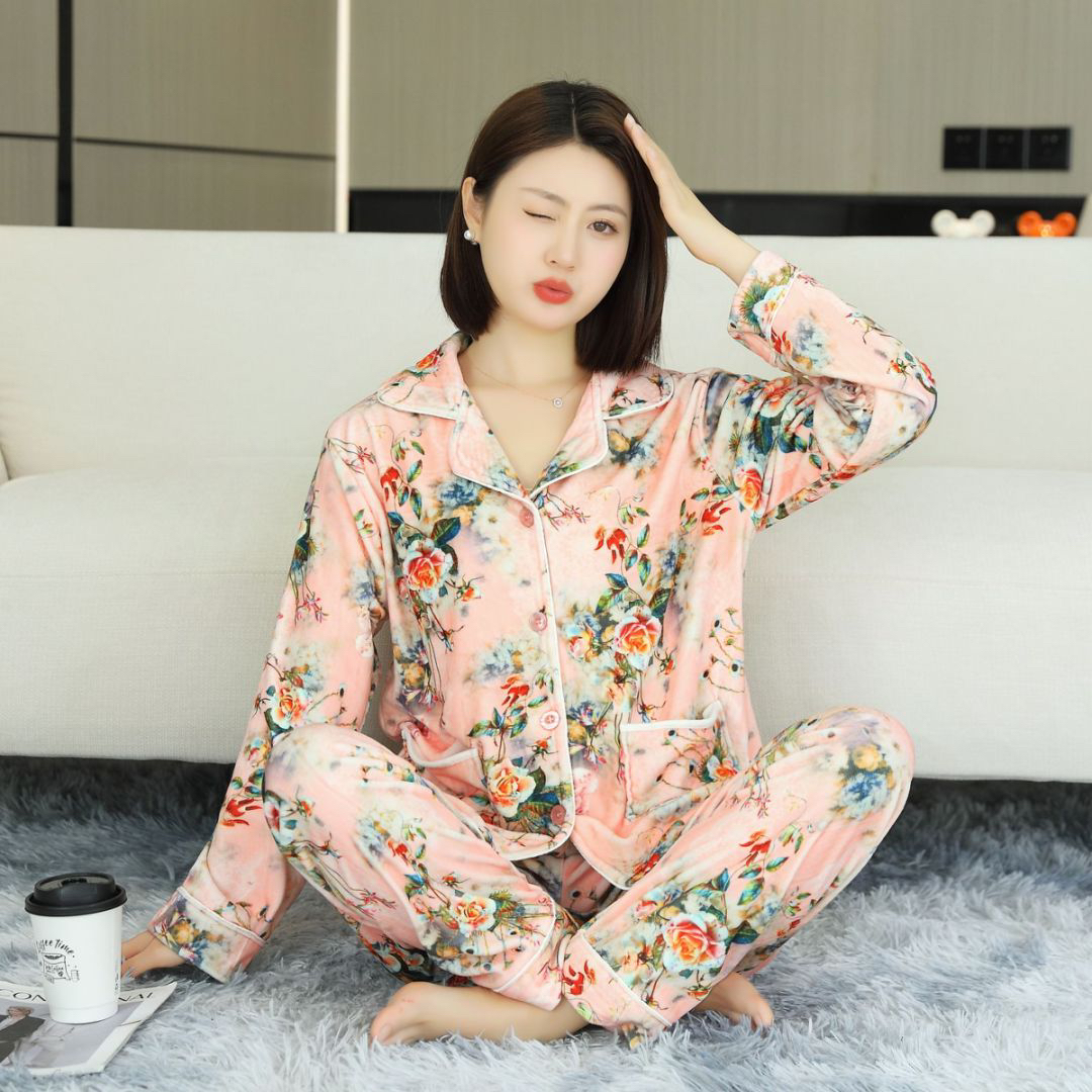 睡衣女秋冬季海岛绒睡衣印花加厚保暖可外穿高级感家居服套装