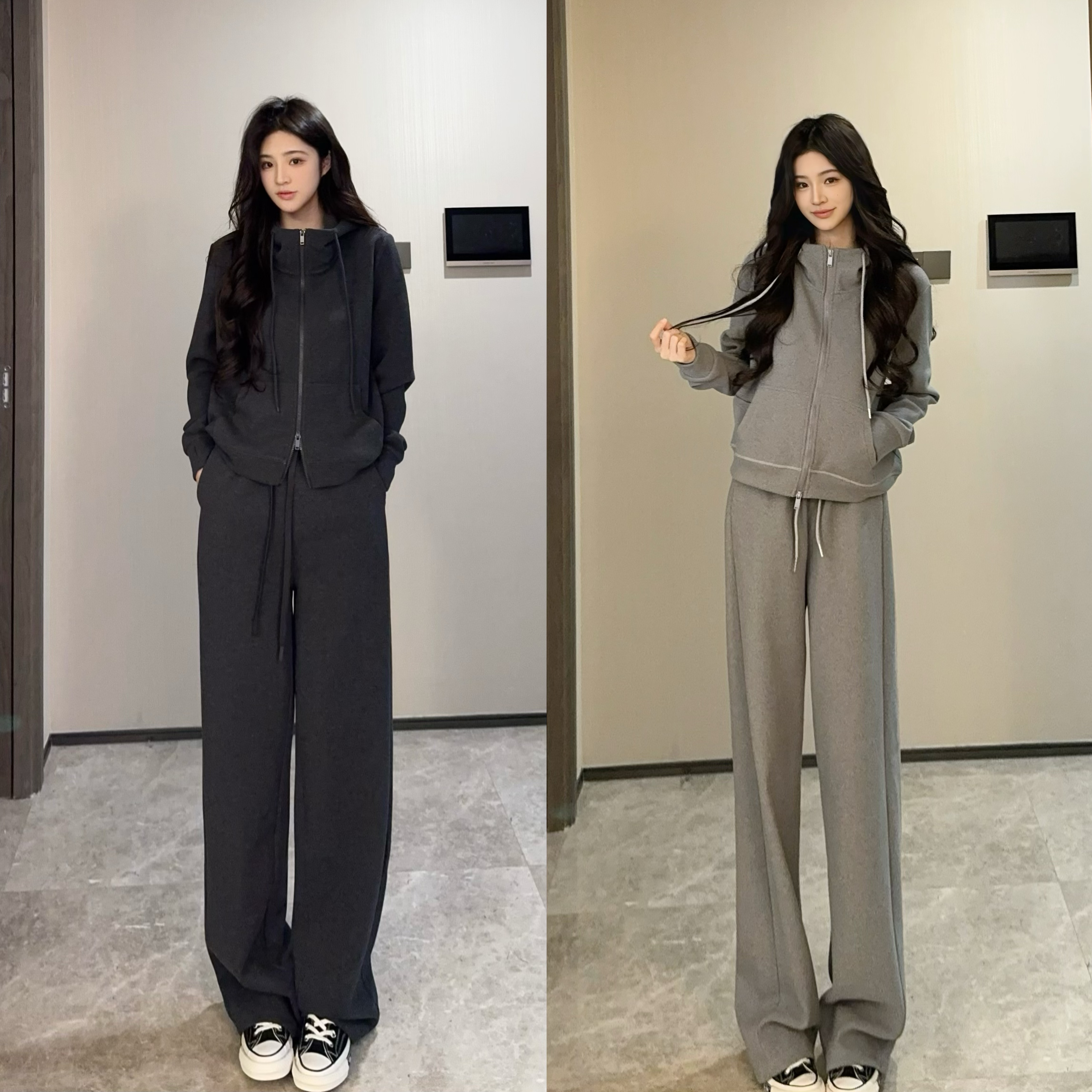 加绒两件套装连帽秋冬加厚老钱风高领拉链卫衣上衣显瘦系带长裤