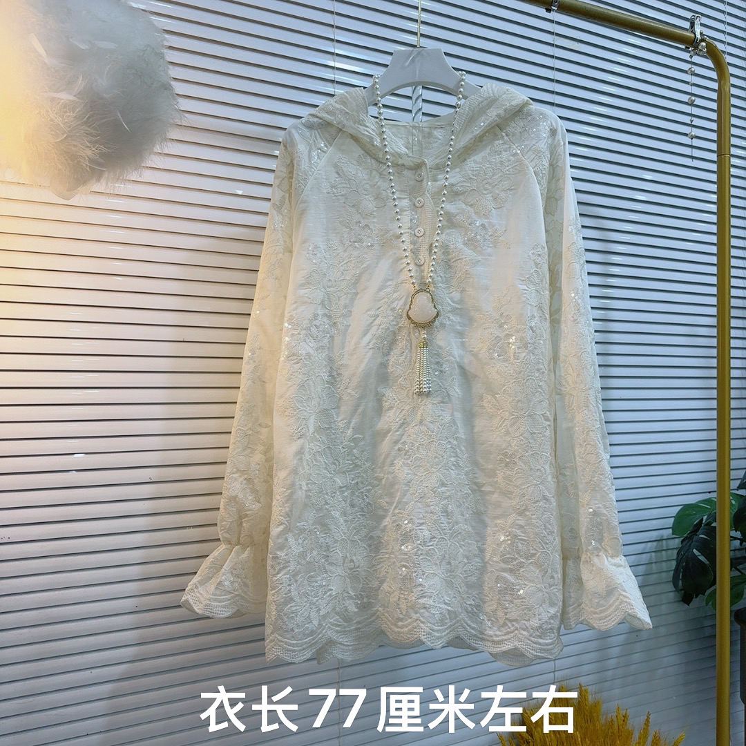 胖MM2025早秋新款减龄蕾丝衫雪纺衫开襟帽兜衫