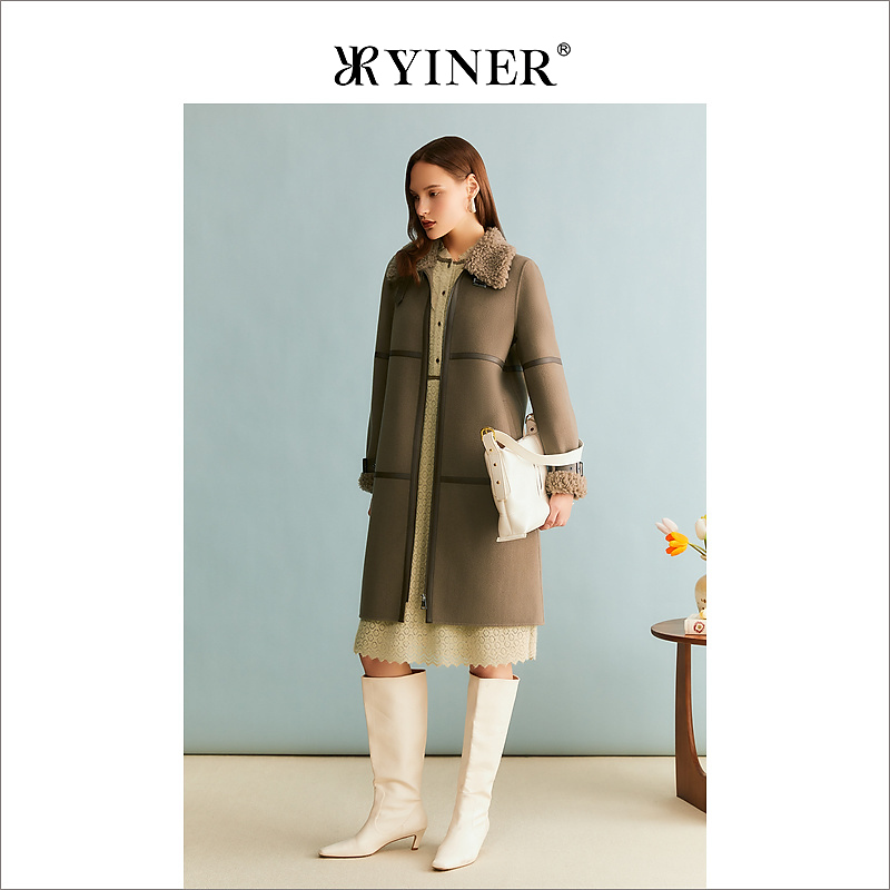 【100绵羊毛】YINER音儿专选女装冬季中长款保暖毛领大衣厚实外套