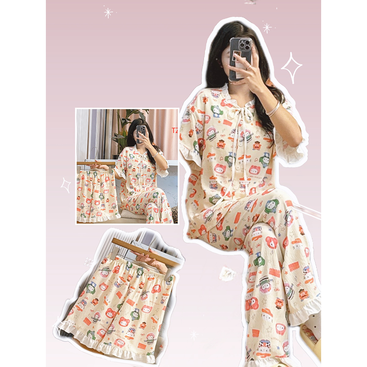 夏季玩具总动员HelloKitty睡衣女款短袖可爱开衫三件套