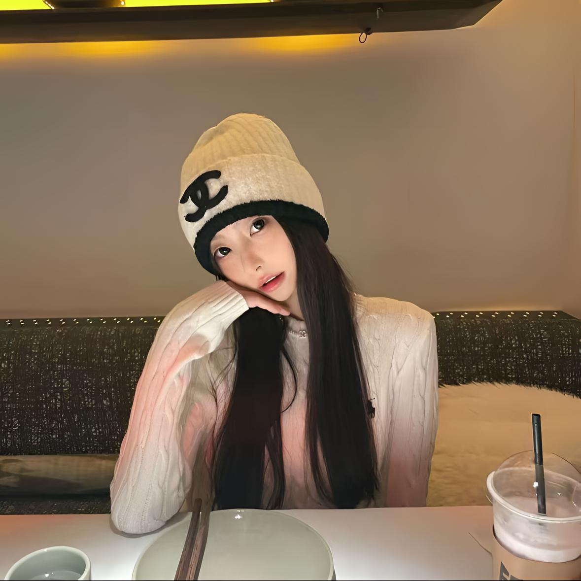 【奥莱撤柜】香风ins韩版双C字母帽子秋冬保暖百搭冷帽针织帽氛围感