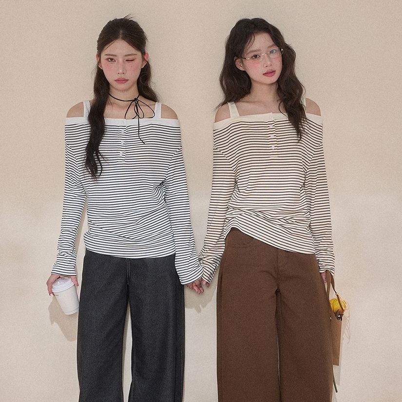 【NCXK】秋季复古条纹一字肩长袖T恤露肩吊带显瘦排扣设计感CX25115