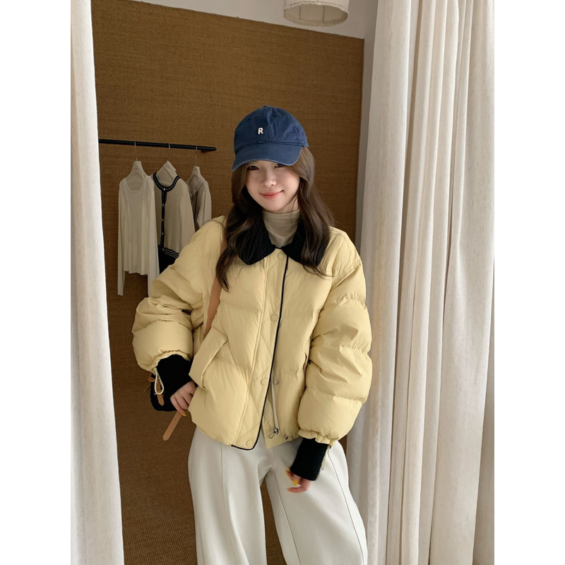 2025冬季新款拼色针织翻领短款羽绒服外套女时尚百搭保暖气质上衣