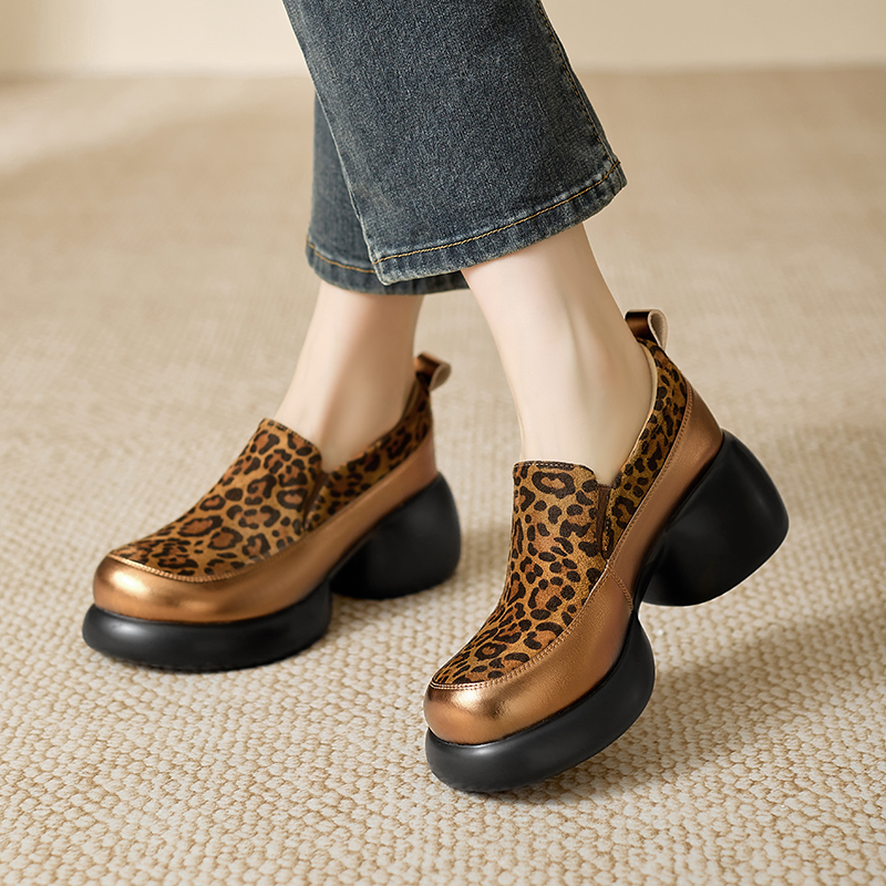 真皮豹纹厚底粗跟一脚蹬深口单鞋小个子复古百搭单鞋3332-93