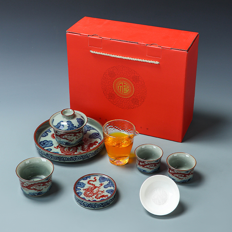 老陶泥釉中青花红龙功夫茶具套装可旋转悬停三才盖碗公司logo礼品