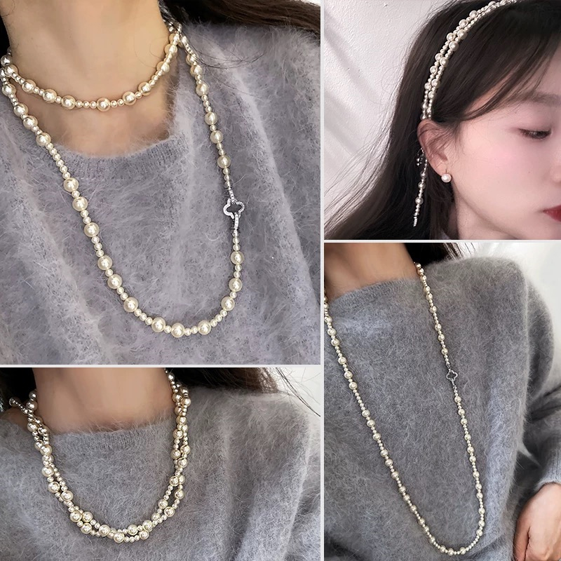 铜合金仿珍珠项链 88cm 8/4mm韩国摩卡慕斯珠珠四叶草毛衣项链AAA