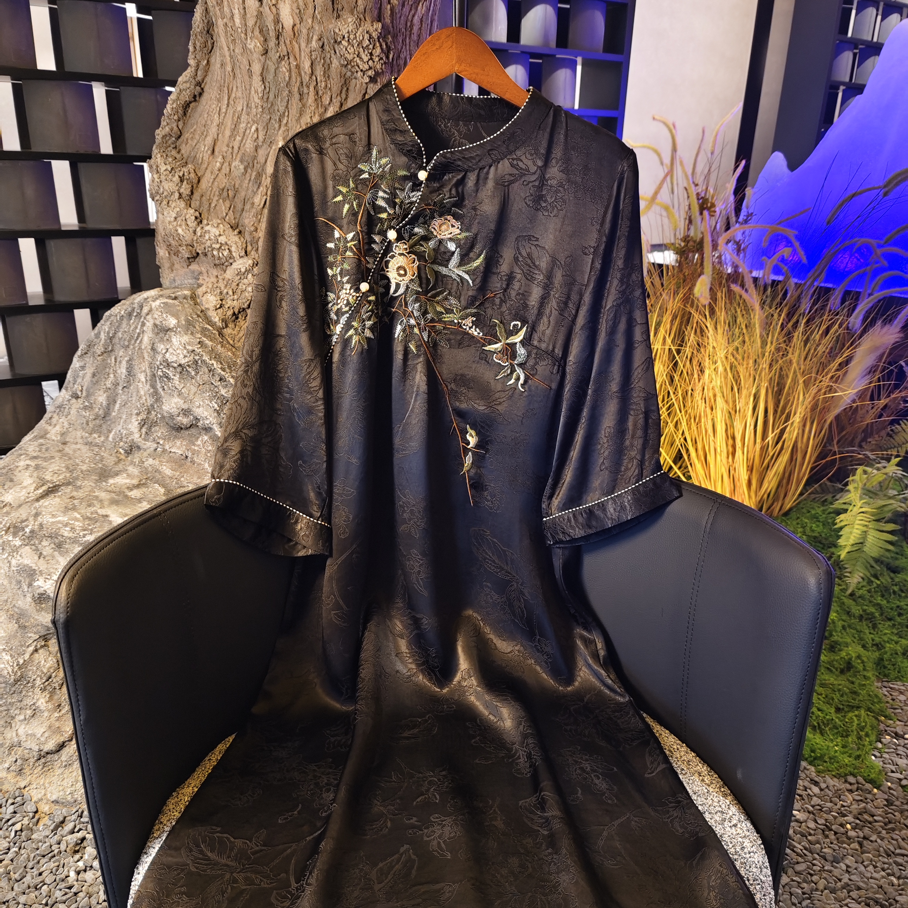 【君梦】2025新款夏季气质新中式国风裙子立领绣花女装七分袖连衣裙