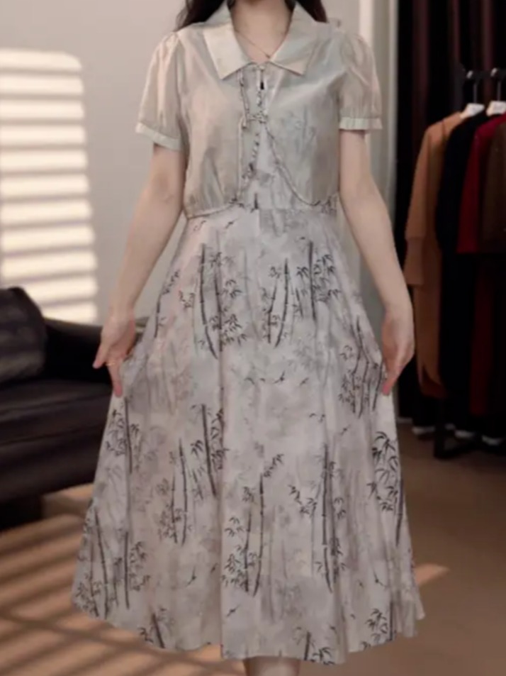 时尚套装收腰裙子短袖连衣裙碎花长裙T073