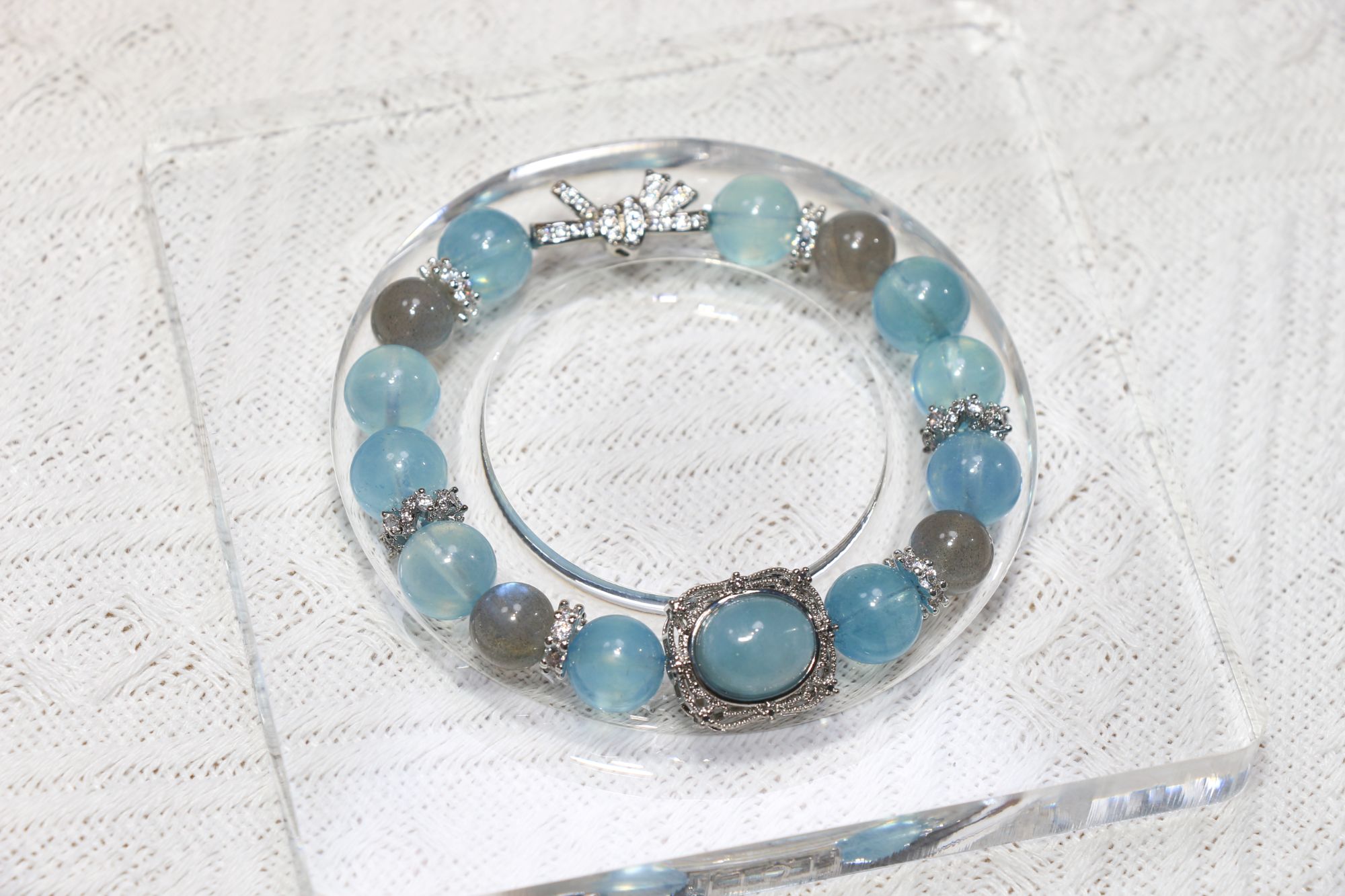 【海谧灰月】DIY原创海蓝宝10mm+灰月光9mm水晶手串 配证书