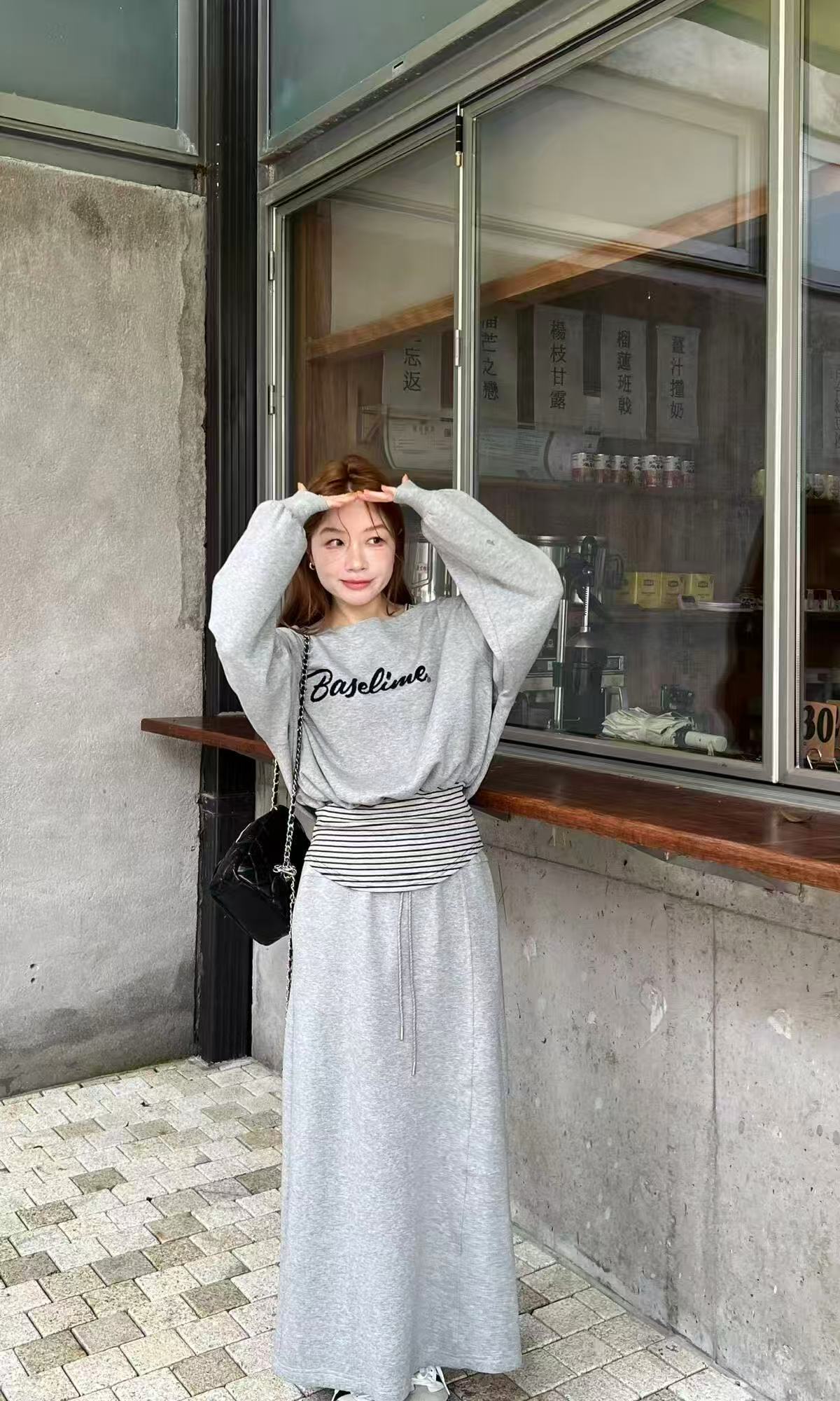 又又家春秋新款时尚套装假两件漏肩长袖卫衣半身裙