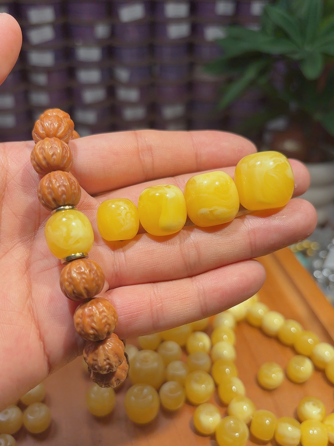 树脂仿蜜·蜡飘白花老型桶珠百花蜜鸡油散珠文玩配饰手串配珠顶珠