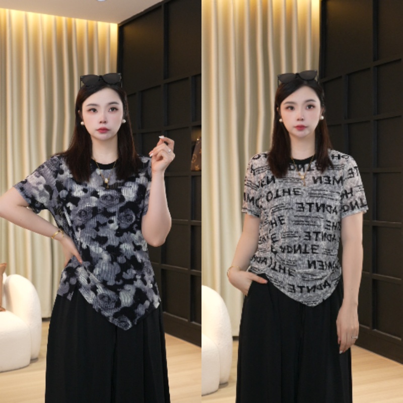feinina/菲尼娜短袖印花字母褶皱T恤设计师开叉圆领休闲风13957