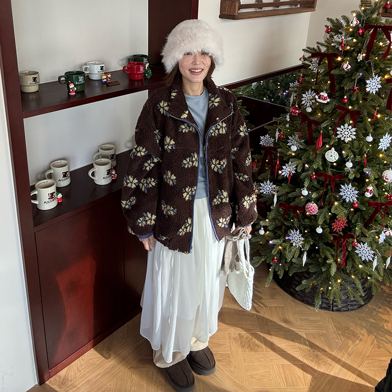 【金恩慧欧尼Hi mood】立领韩系复古花花仿羊羔毛加厚外套