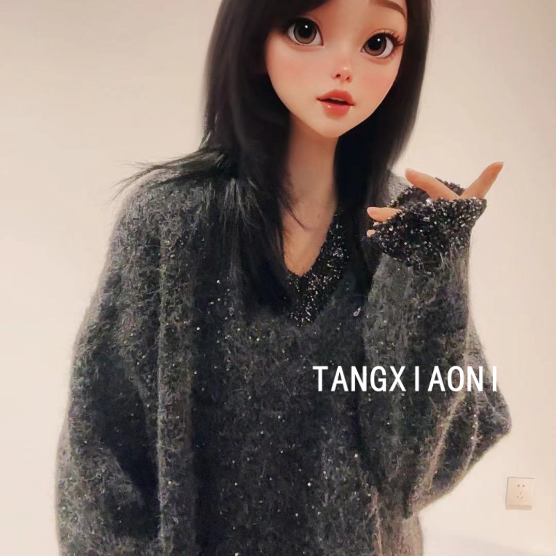 3店 重磅慵懒 晶晶闪闪 针织V领四色大毛衣潮牌女装