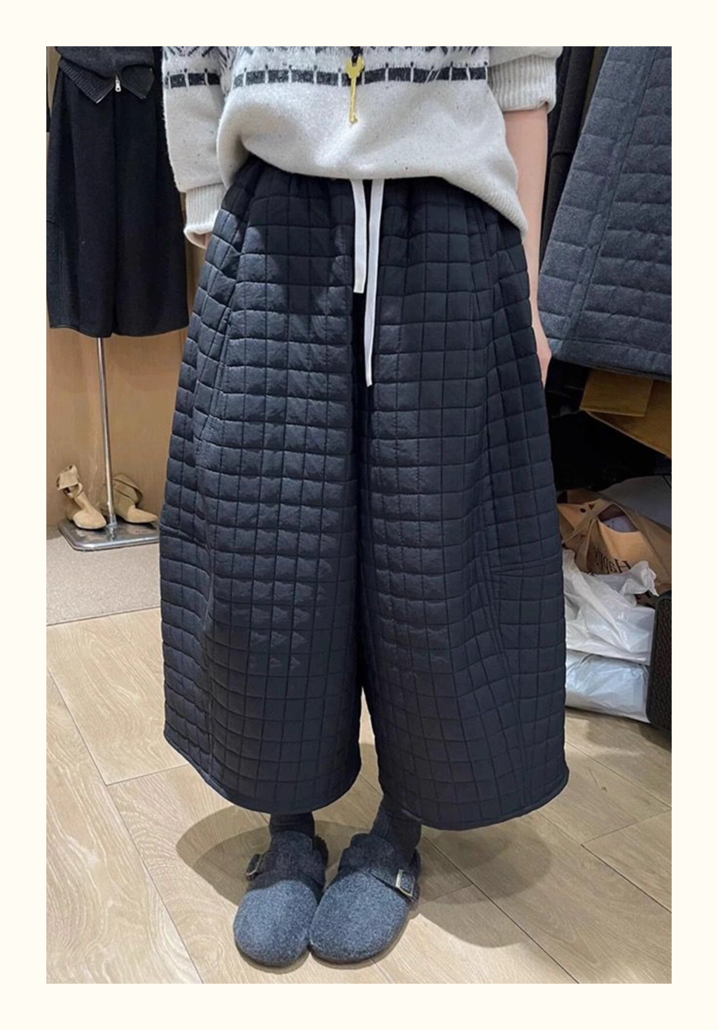 冬季新款加绒加厚八分菱格棉裤女欧货宽松显瘦夹棉休闲阔腿气球裤