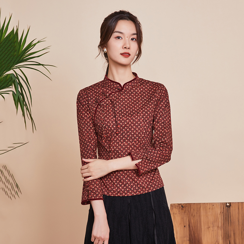 KQQPS17布符春季新款原创复古印花民国改良中式旗袍上衣女碎花