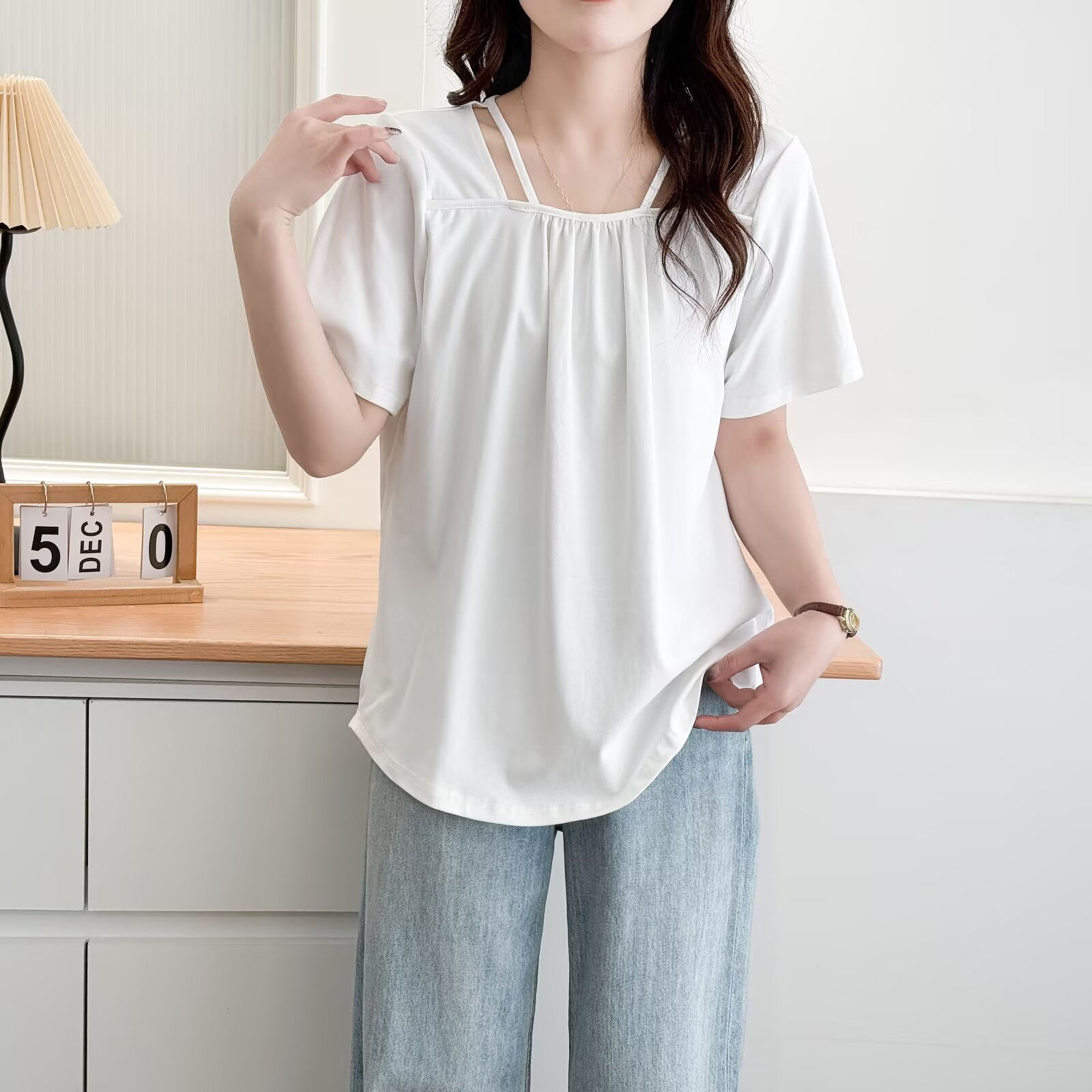 2025新款胖MM常规宽松短袖褶皱学院T恤甜美方领舒适气质简约百搭
