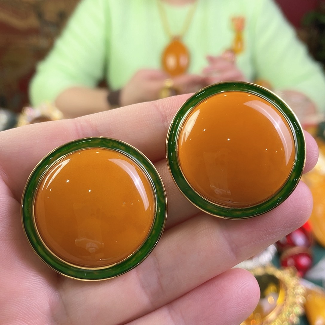 蜜蜡耳钉银S925镀金镶嵌21克