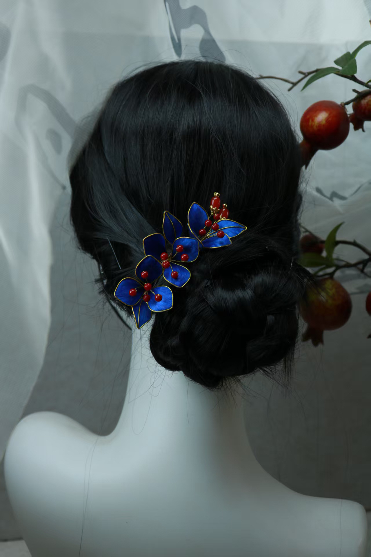 喜吟绒花 现货原创设计非遗绒花仿点翠发簪中国风汉服旗袍头饰