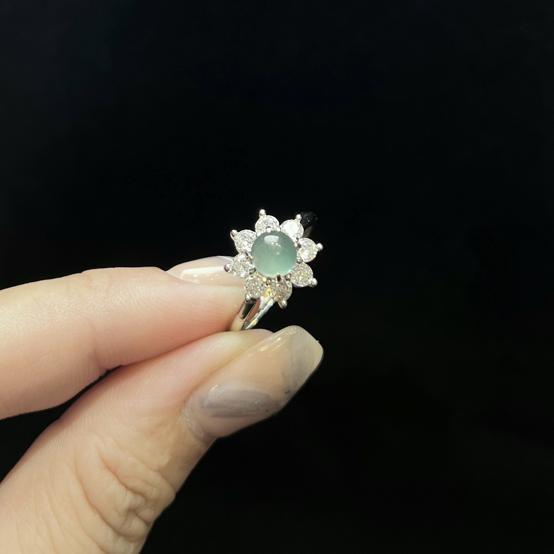 【金旭上成】天然翡翠A货蓝水蛋面太阳花戒指开口戒 多样性发一件