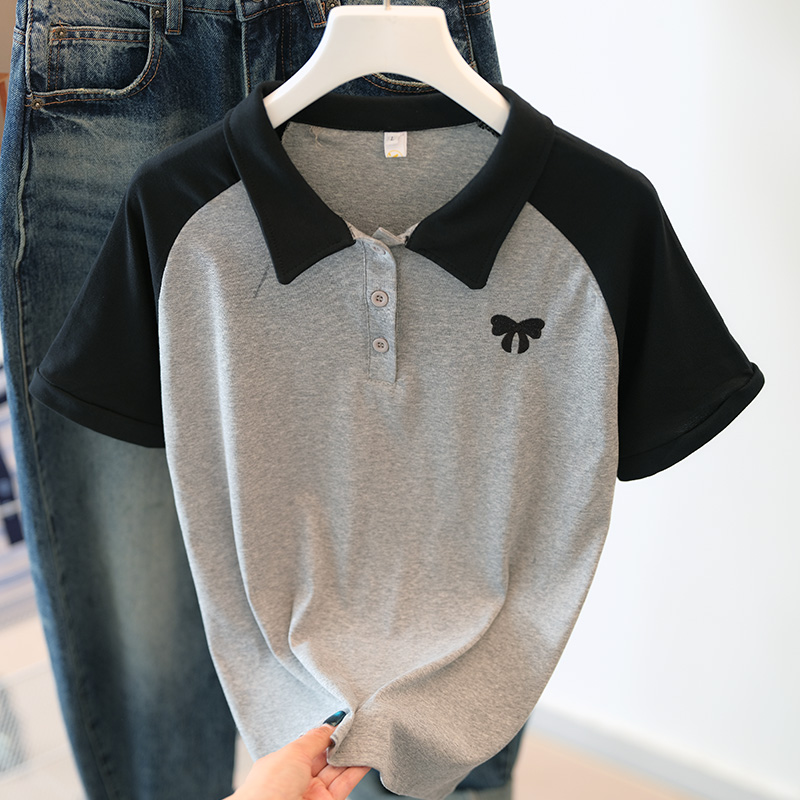 2025夏季新款POLO翻领纯棉短袖T恤女装时尚百搭撞色休闲上衣