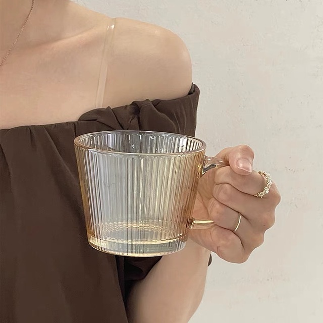 简约ins风条纹带把牛奶杯早餐杯燕麦杯大口畅饮果汁杯饮料杯咖啡