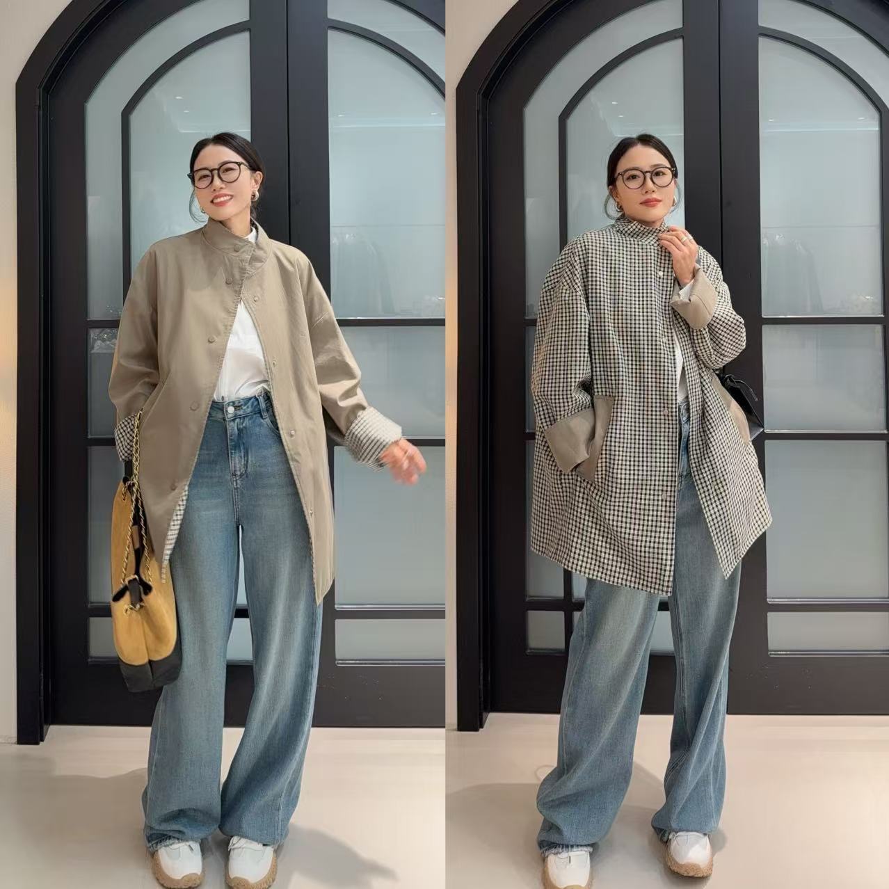 LIN -《双面客串》咖啡店的氛围感 黑白格慵懒风风衣外套女中长款秋