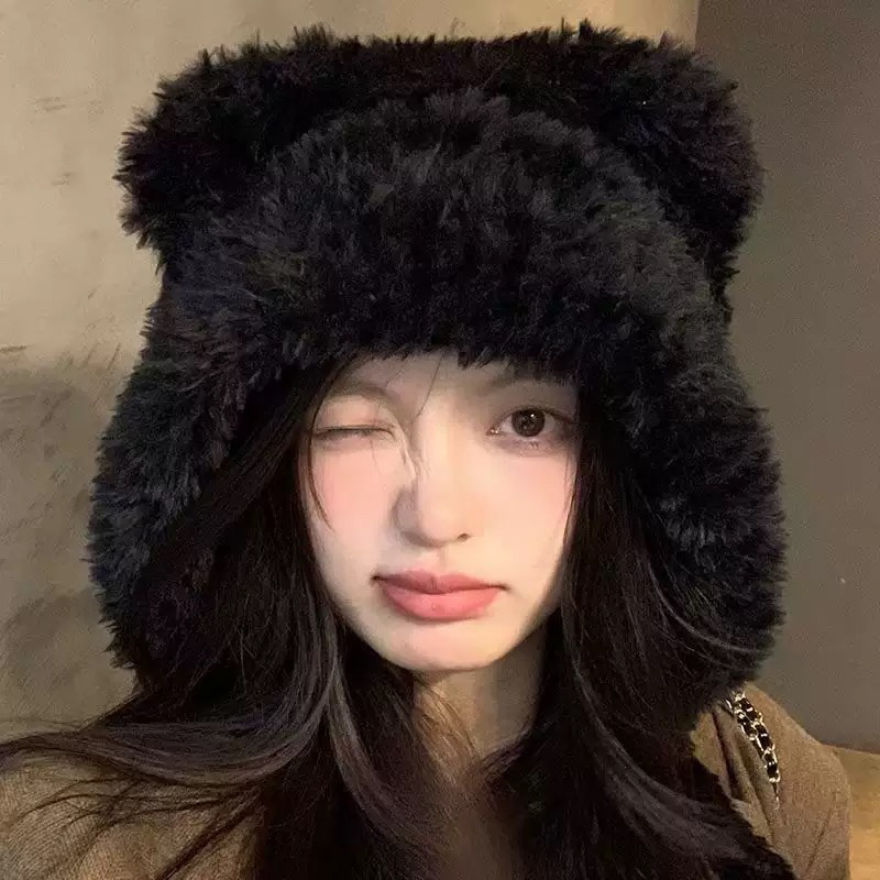 可爱卡通黄油毛绒雷锋帽子女冬季保暖加深护耳拍照套头帽短发冷帽