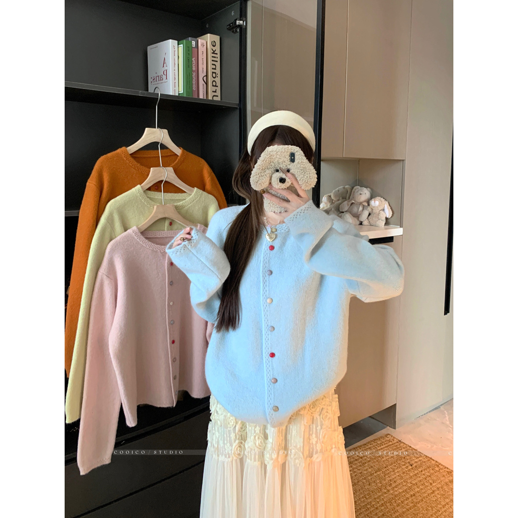 大码通用秋彩色纽扣慵懒宽松针织开衫上衣温柔风软糯糖果色毛衣