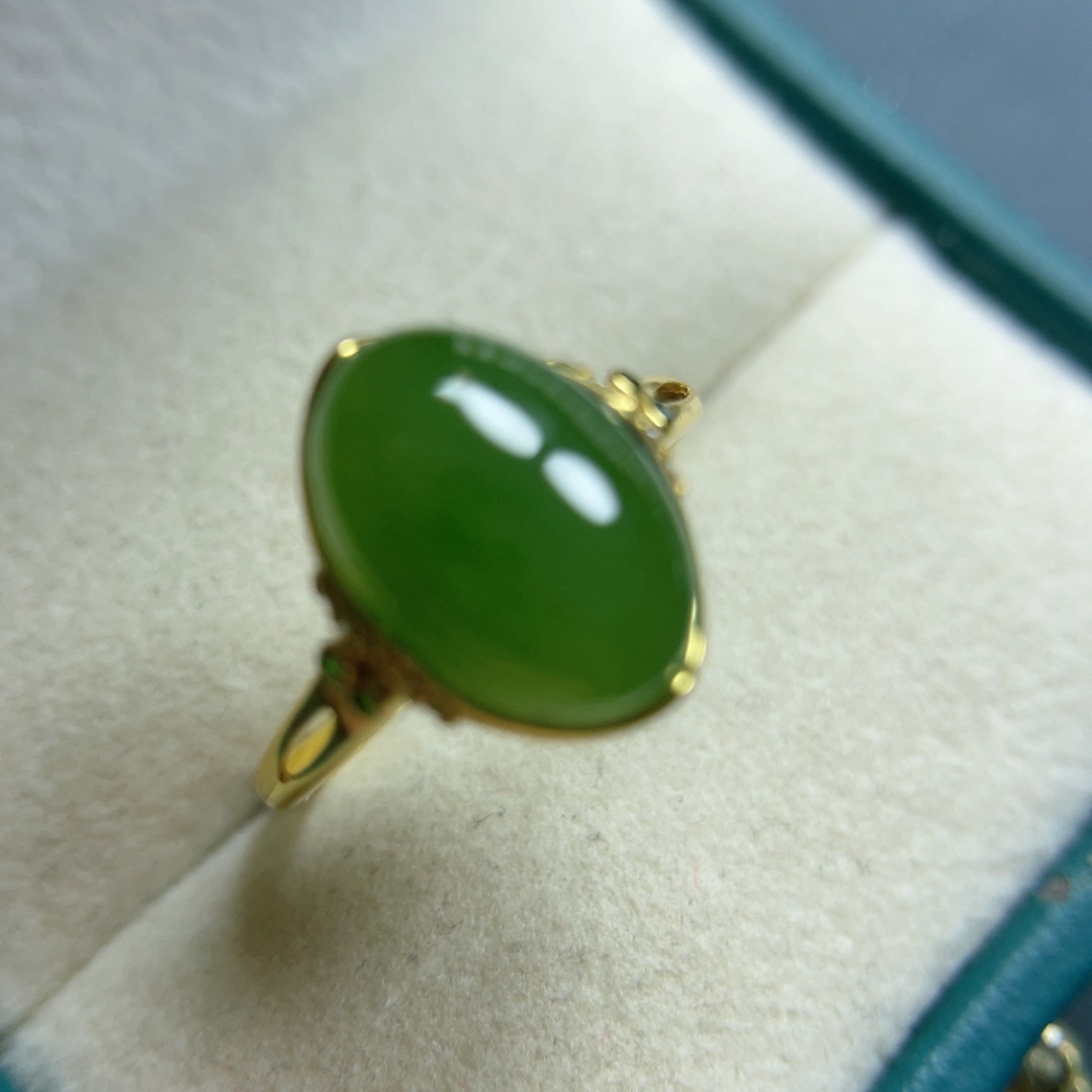925银镶嵌俄罗斯碧玉菠菜绿发面戒指9✖️12