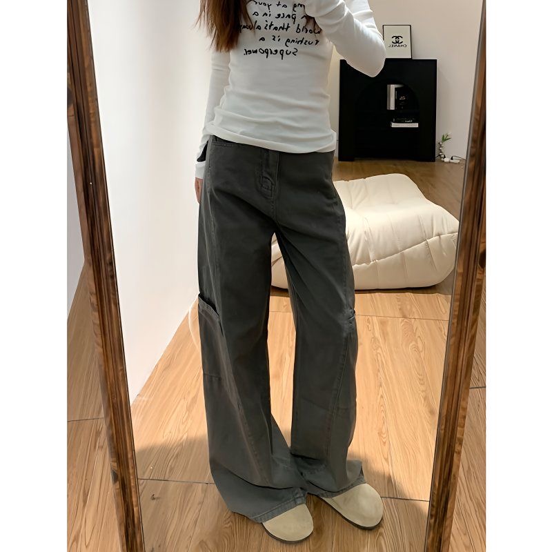 灰色阔腿微喇叭工装牛仔裤女2025年秋季新款宽松显瘦加长拖地裤子