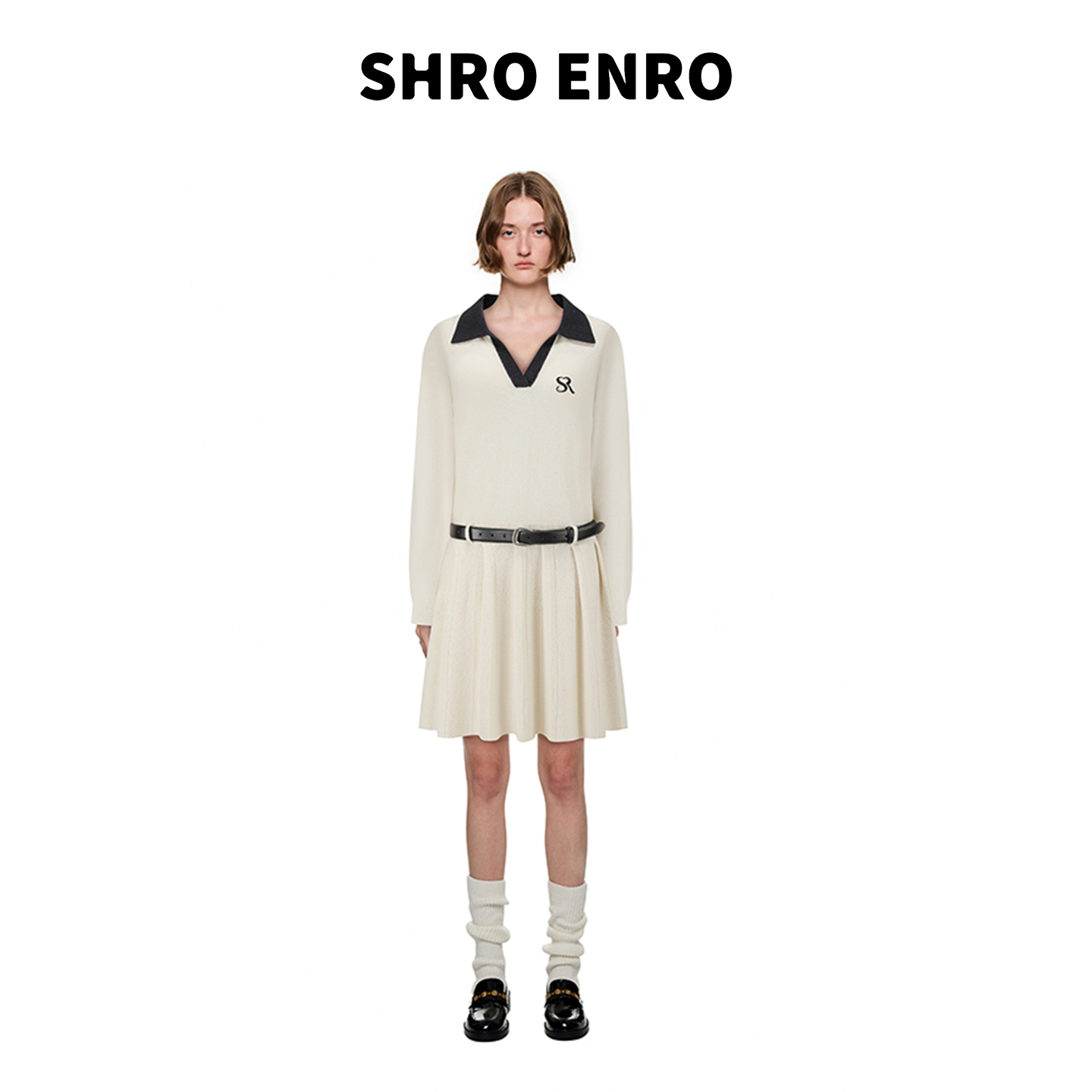 SHRO ENRO 2025秋季学院全羊毛POLO百褶连衣裙赠腰带S52A51TT116