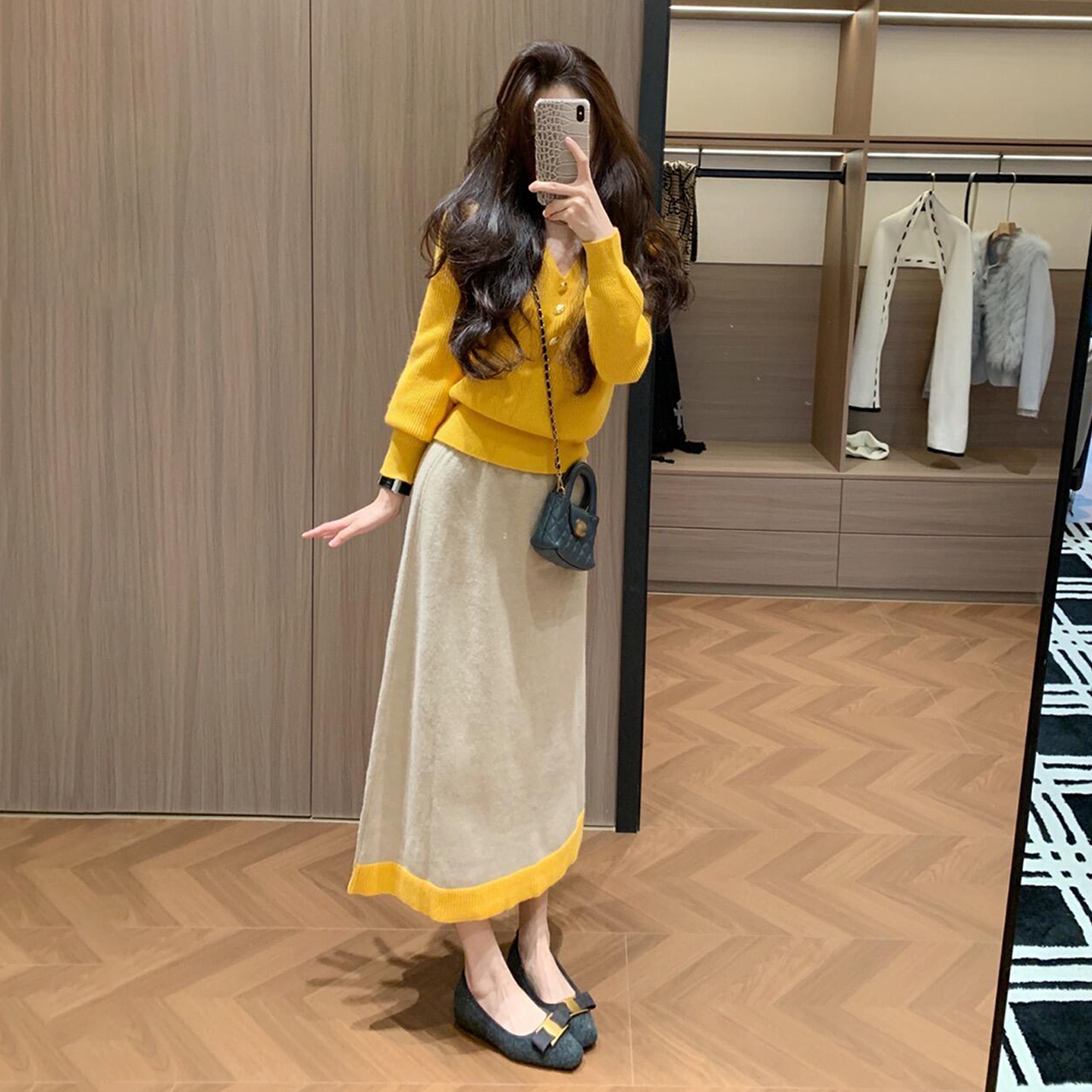 新款韩系氛围感穿搭一整套连衣裙子女秋冬季针织毛衣长裙套装9715