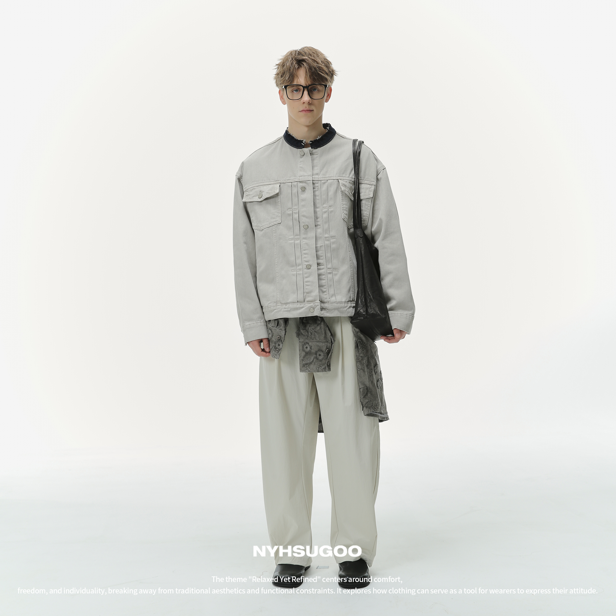 NYHSUGOO/南乙3517致橡树新品拼色毛边领牛仔做旧夹克男士春季