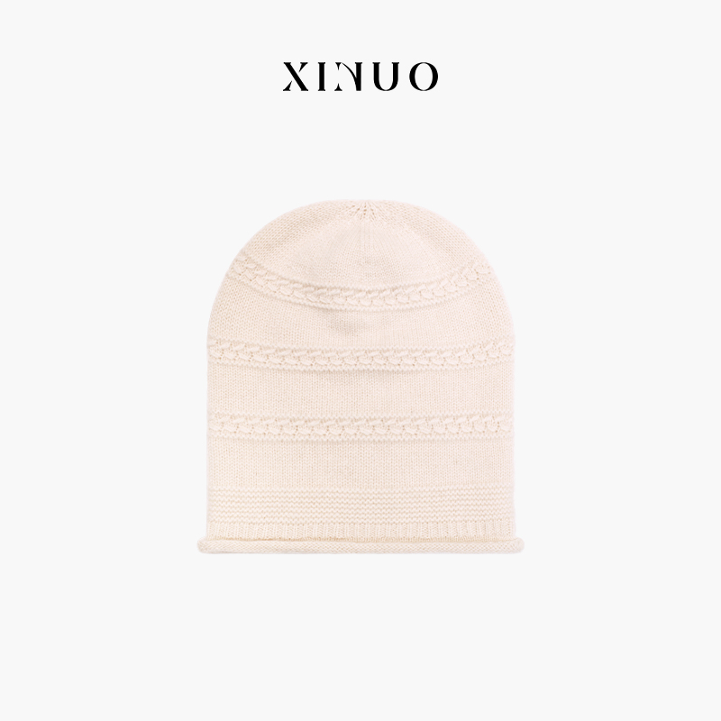 XINUO 100%山羊绒卷边堆堆帽 男女秋冬针织纯色保暖不扎包头帽子