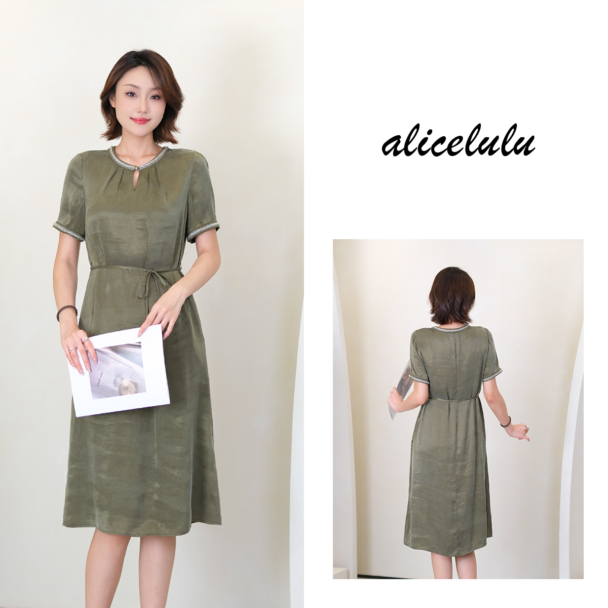 1alicelulu 气质时尚圆领轻盈感系带显瘦连衣裙 S2143432W