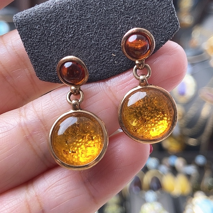琥珀耳饰银S925镶嵌耳环