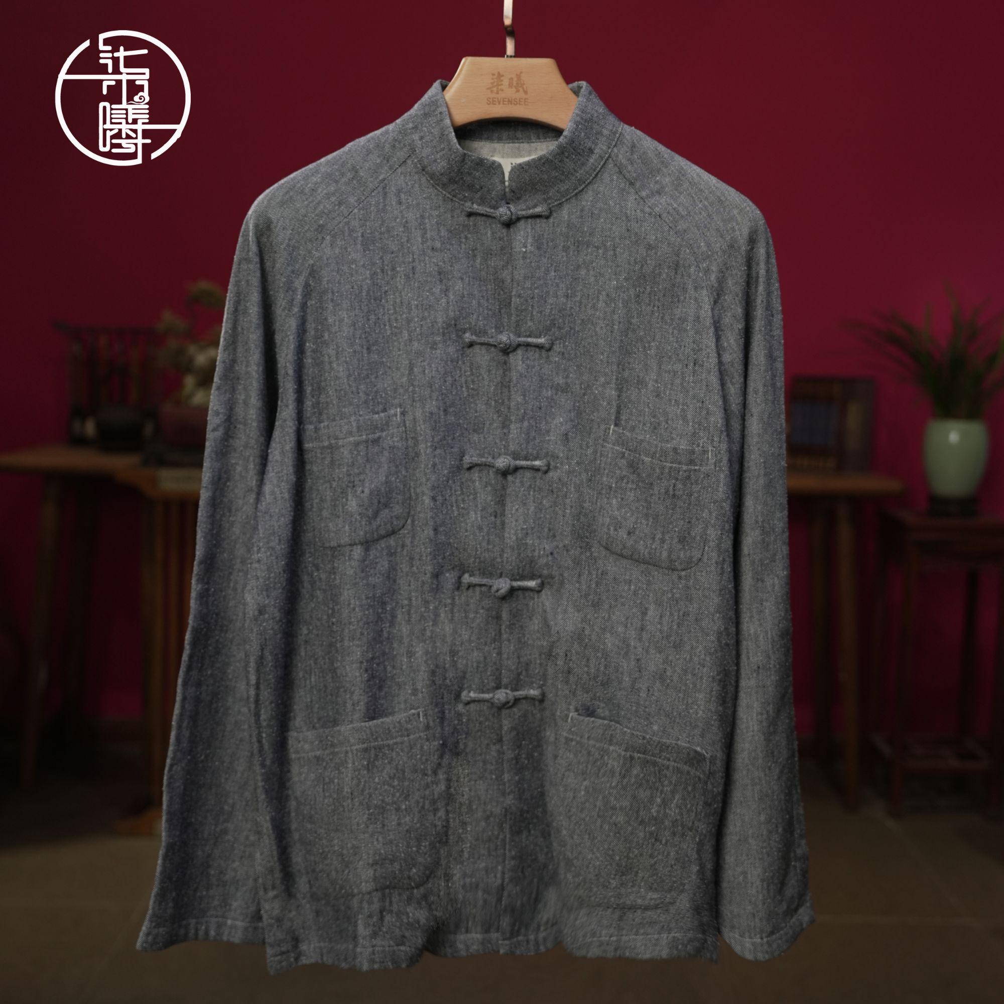 Sevensee/柒曦华服休闲中国风盘扣长T恤秋季春秋服装长袖纯色上衣
