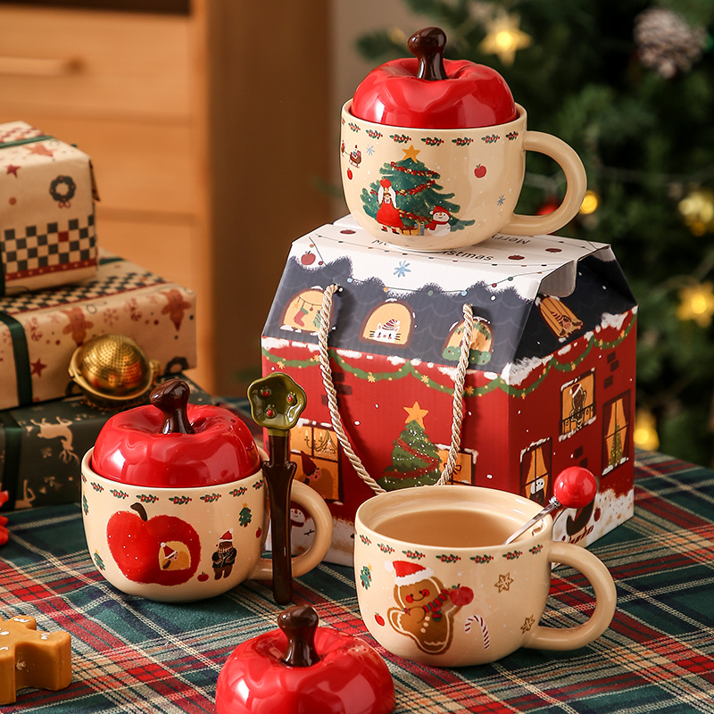高颜值新年苹果马克杯带盖可爱陶瓷水杯女生日礼物伴手礼品杯子