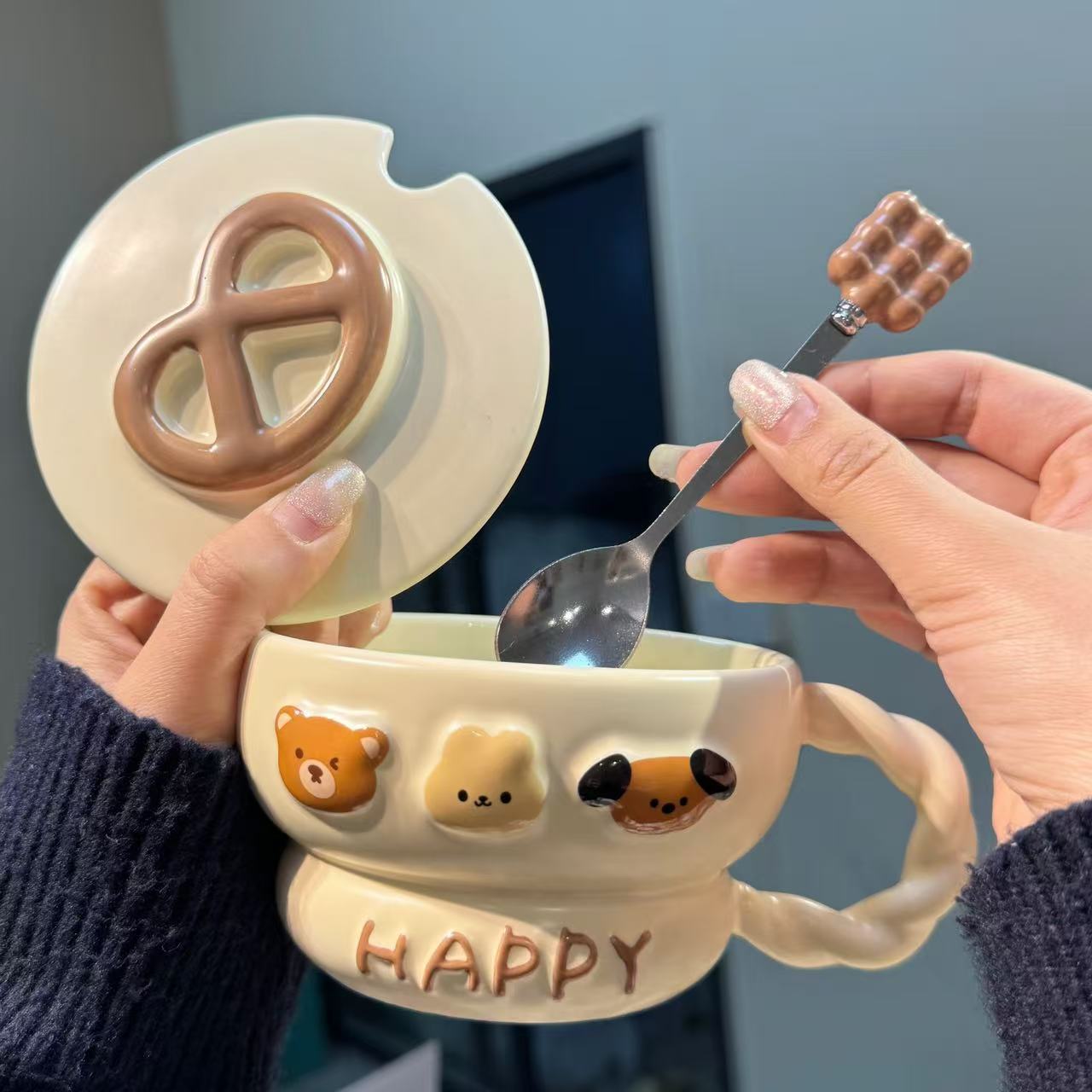 【圆和圈】】出口尾单 碱水系列 动物乐园带盖马克杯 喝水杯 家用杯