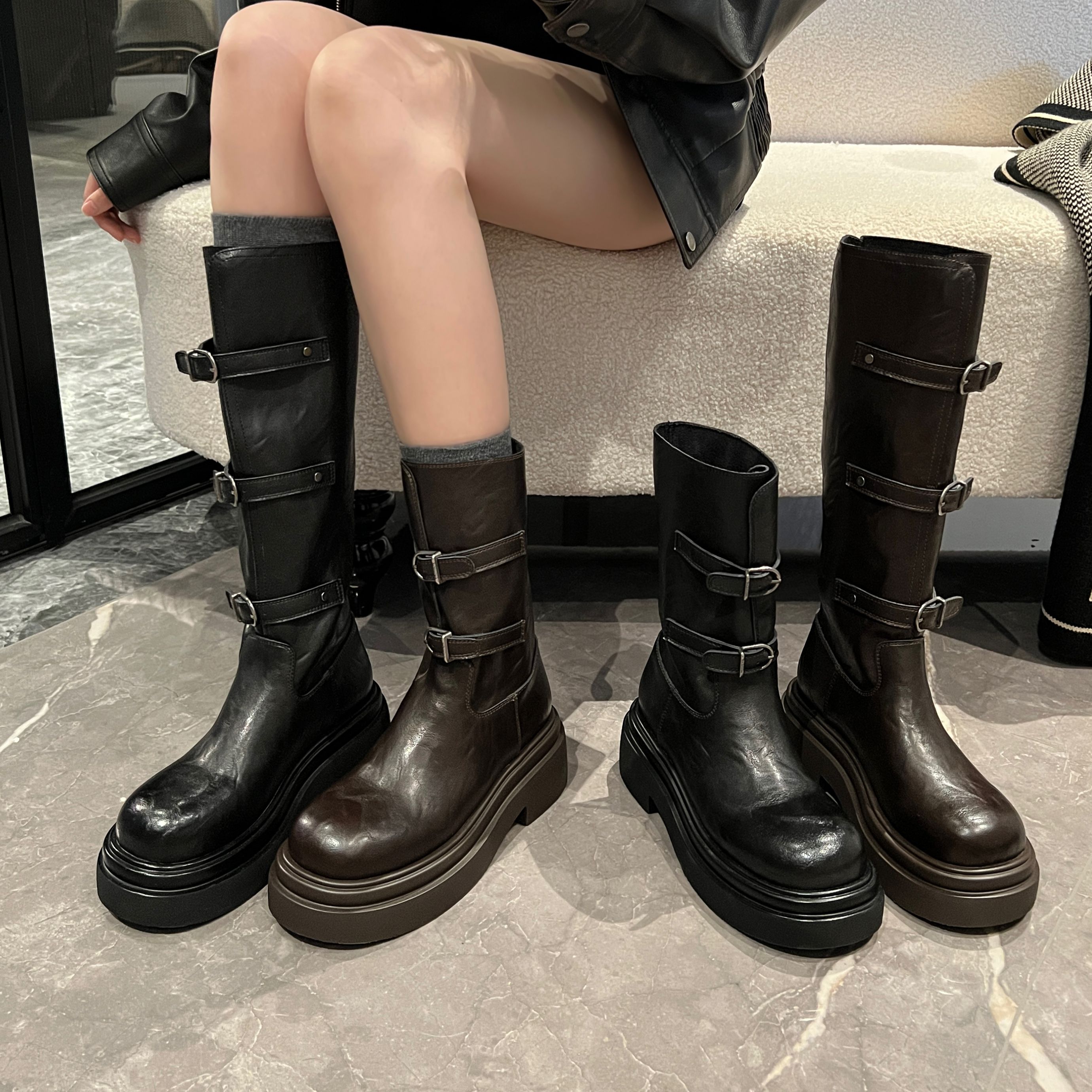 【断码捡漏】真皮厚底中筒靴女2024冬粗跟气质中长筒骑士靴24X9584