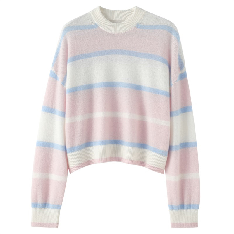 100纯山羊绒孙千同款条纹撞色圆领羊绒衫宽松保暖针织衫dy030